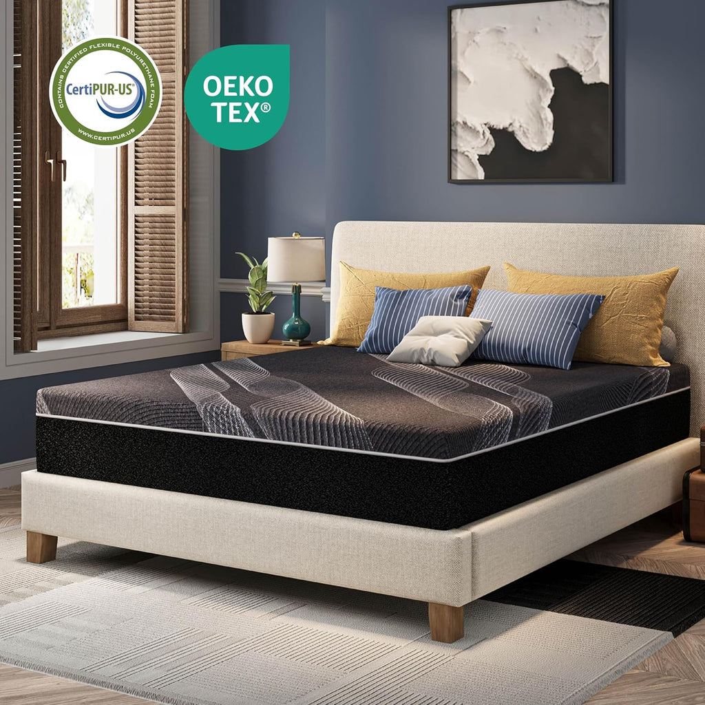CH Charme House 12 Inch Queen Mattress, Bamboo-Charcoal Memory Foam Mattress, Cooling & Pressure Relief, Bed in a Box, Foam Made in USA & CertiPUR-US Certified, 60'x80'x12', Black