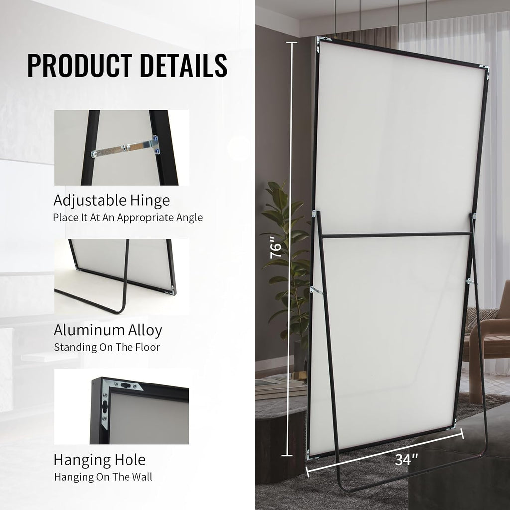 Beauty4U 76" x 34" Large Full Length Mirror with Stand, Black Wall Mounting Full Body Tempered Mirror for Living Room, Bedroom