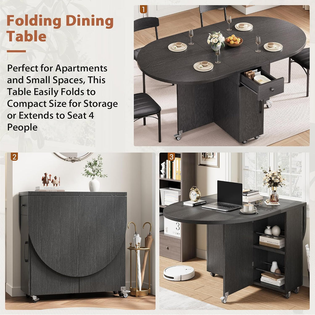 Jocoevol Round Folding Dining Table for 6, Space Saving Drop Leaf Kitchen Table with Storage Drawer, 6 Wheels Oval Gateleg Foldable Dining Table for Small Spaces (Black, 51" x 31.5" x 30")