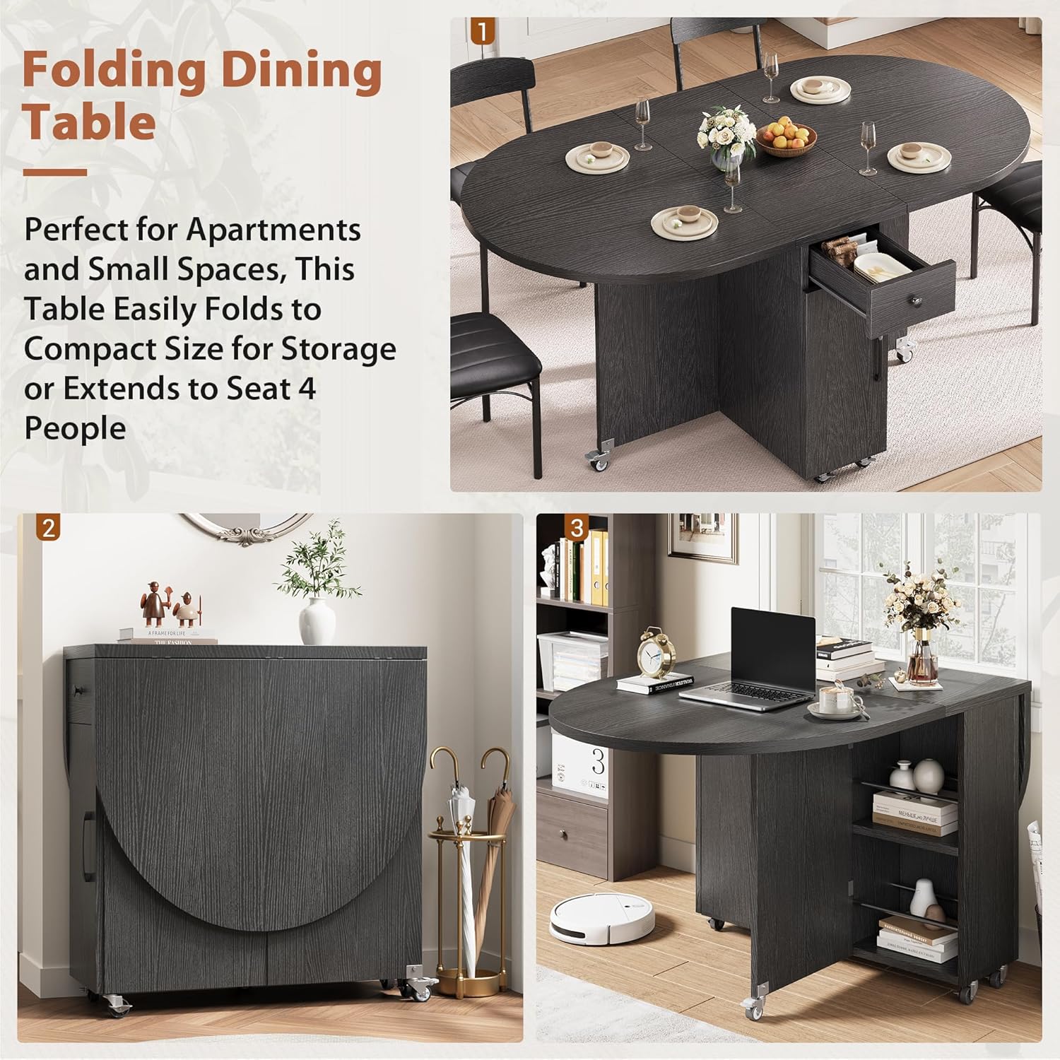 Jocoevol Round Folding Dining Table for 6, Space Saving Drop Leaf Kitchen Table with Storage Drawer, 6 Wheels Oval Gateleg Foldable Dining Table for Small Spaces (Black, 51" x 31.5" x 30")