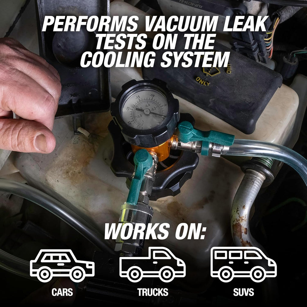 OEMTOOLS 24444 Coolant Vacuum Refill Kit, Coolant Pressure Tester Kit, 70–110 PSI Working Pressure, 5 Bushings, 1 Tapered Cone Adapter, Vacuum Leak Detector, Pressure Tester for Coolant System