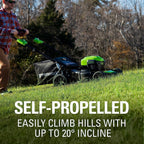 Greenworks 40V 21" Self-Propelled Lawn Mower Axial Leaf Blower(500 CFM / 120 MPH) 13" String Trimmer with 2 Batteries(5Ah+2Ah) & Chargers