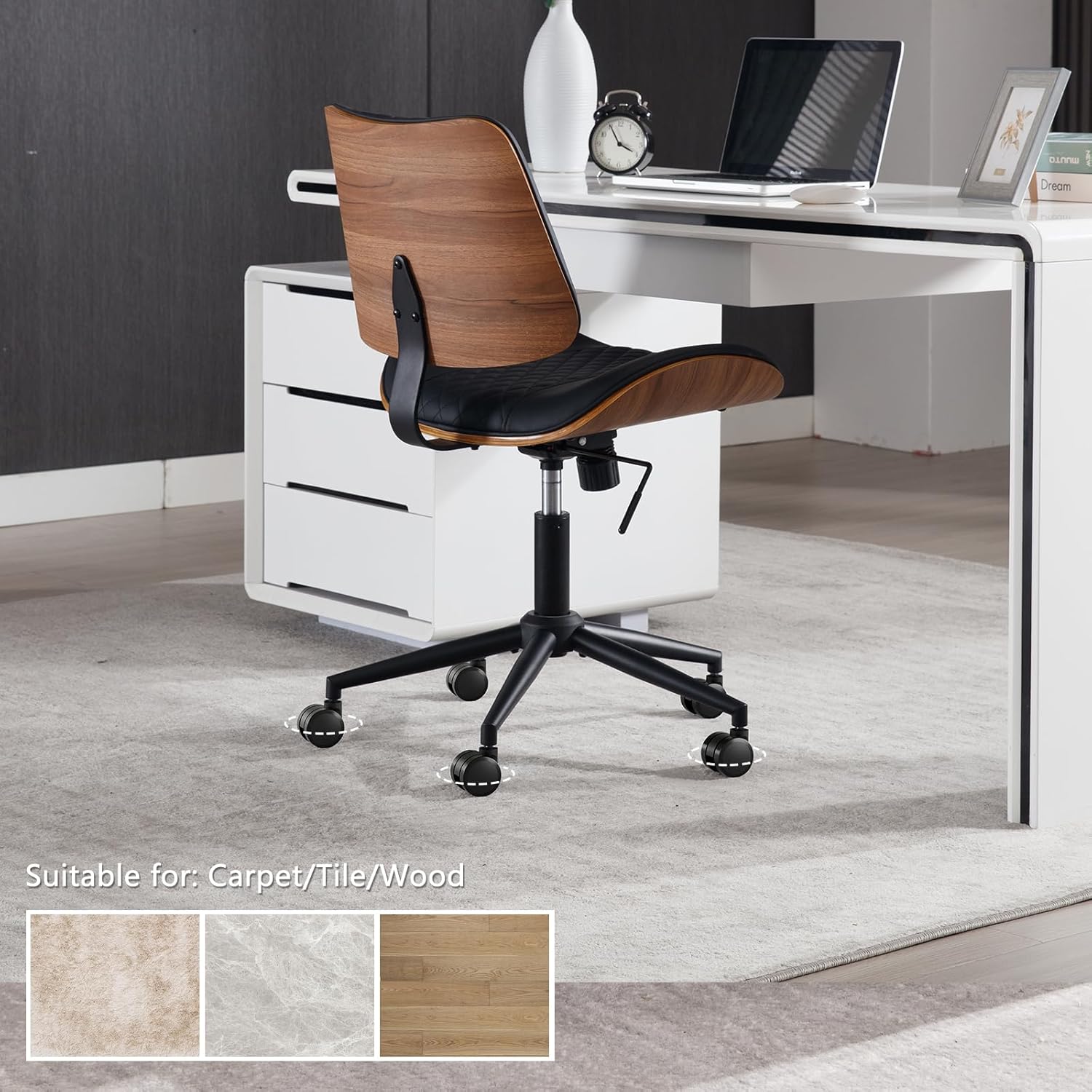 Home Office Chair No Arms with Wheels, Adjustable Height Small Desk Chair, PU Leather Mid Back 360 Swivel Computer Chair, Armless Modern Walnut Chair for Office, Reading Meeting Room(Black)