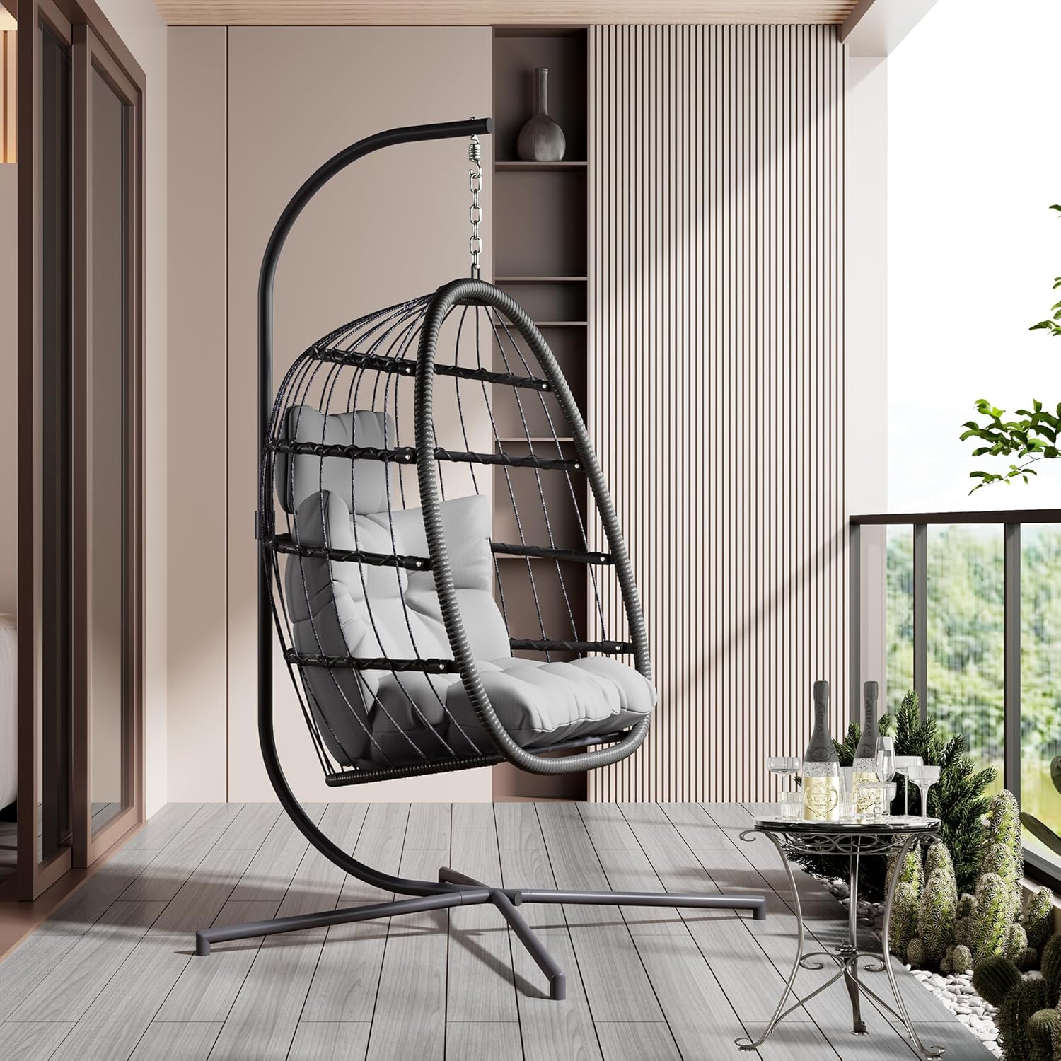 HWB Hanging Egg Chair with Stand, Swing Hammock Chair with Cushion for Indoor Outdoor, Patio Wicker Egg Swing Chair for Balcony Furniture, Light Gray