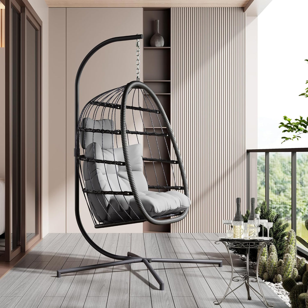 HWB Hanging Egg Chair with Stand, Patio Wicker Egg Swing Chair with Cushion for Bedroom Garden Indoor Outdoor (Grey)