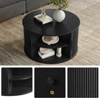LINSY HOME Round Coffee Table, 31.5" Drum Coffee Table with Sliding Tambour Door, Fluted Accent Center Table with Storage, Mid Century Modern Coffee Table for Living Room (Black)