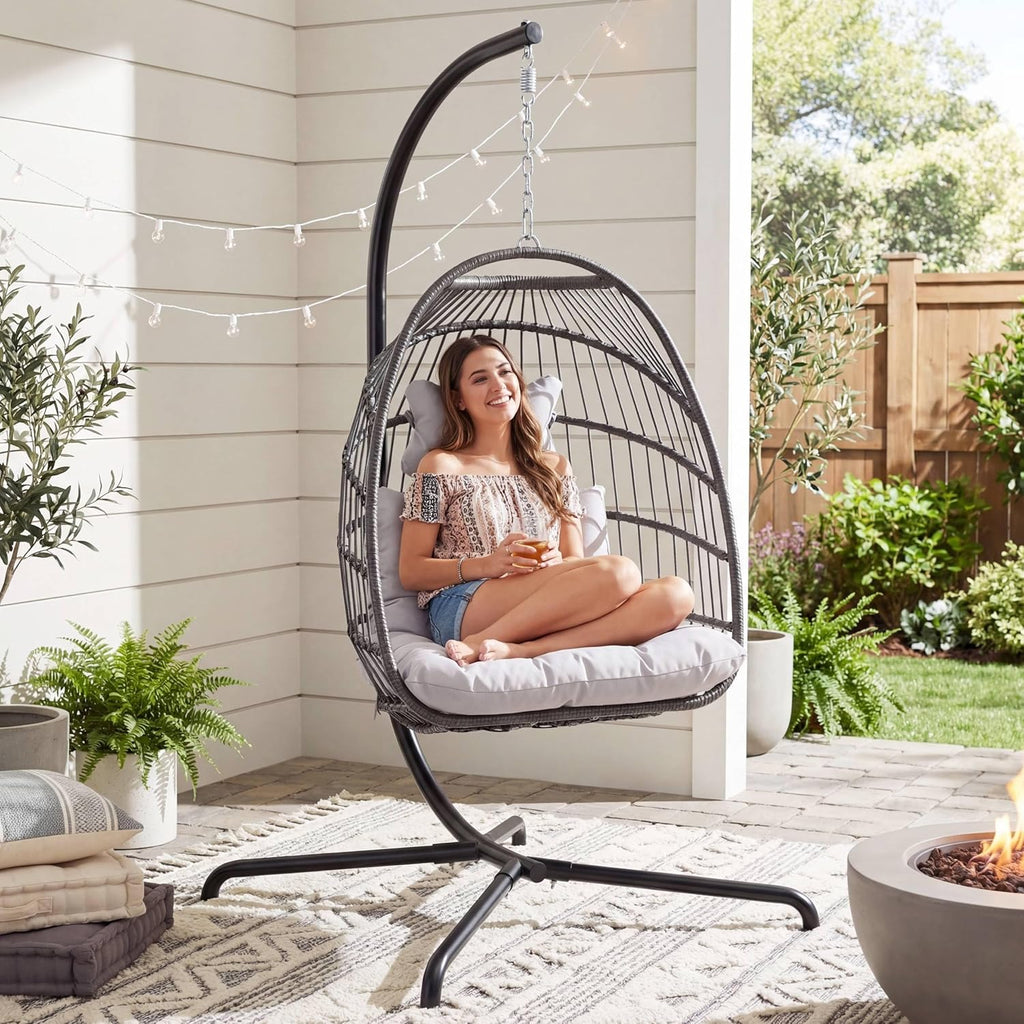 NICESOUL All Weather Swing Egg Chair Indoor Outdoor, Comfy Rattan Patio Basket Hanging Chair with Stand and Cushions, 350lbs Heavy Duty Sturdy Egg Hammock Chairs for Porch Balcony Deck Garden, Gray