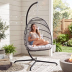 NICESOUL All Weather Swing Egg Chair Indoor Outdoor, Comfy Rattan Patio Basket Hanging Chair with Stand and Cushions, 350lbs Heavy Duty Sturdy Egg Hammock Chairs for Porch Balcony Deck Garden, Gray