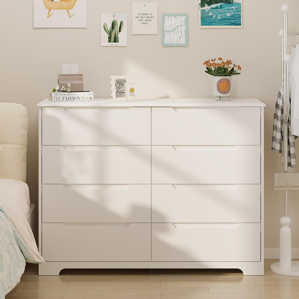 Gizoon 8 Drawer Dresser, 47" Wide White Dresser for Bedroom with Cut-Out Handles, Modern Wooden Chest of Drawers with Anti-Tip Kit, for Living Room, Hallway, Entryway, Home Office