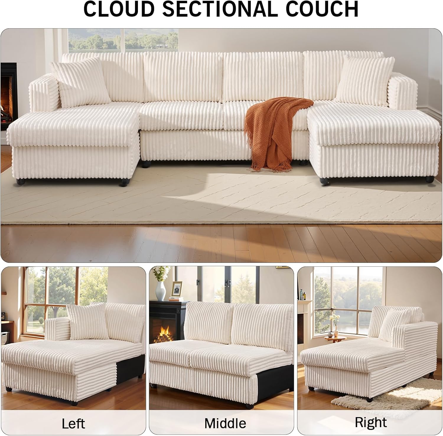 123" U-Shaped Modular sectional Sofa, Two L-Shape Chaise with 2 Cloud Couch sectional with Two Pillows, couches for Living Room (Beige)