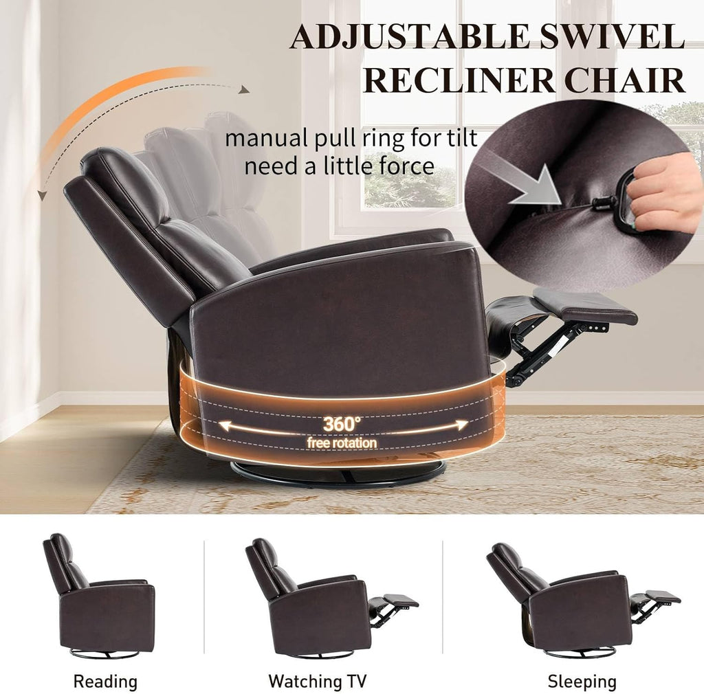 COLAMY Leather Recliner Chair for Adults, Swivel Rocker Recliner for Small Spaces, Wide Glider Rocking Nursery Chair with Ergonomic High Backrest, for Living Room, Office, Bedroom(Chocolate Brown