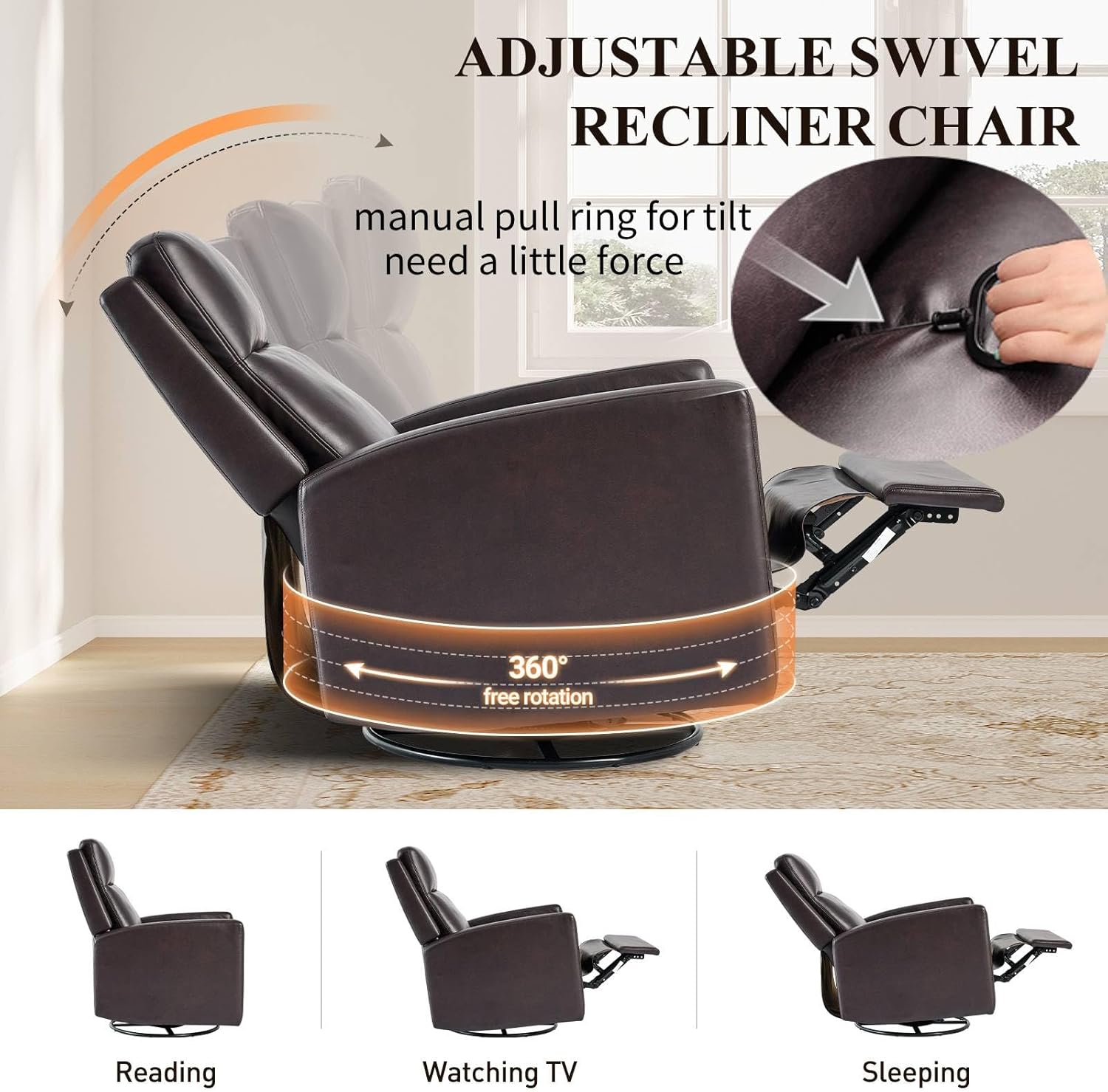 COLAMY Leather Recliner Chair for Adults, Swivel Rocker Recliner for Small Spaces, Wide Glider Rocking Nursery Chair with Ergonomic High Backrest, for Living Room, Office, Bedroom(Chocolate Brown