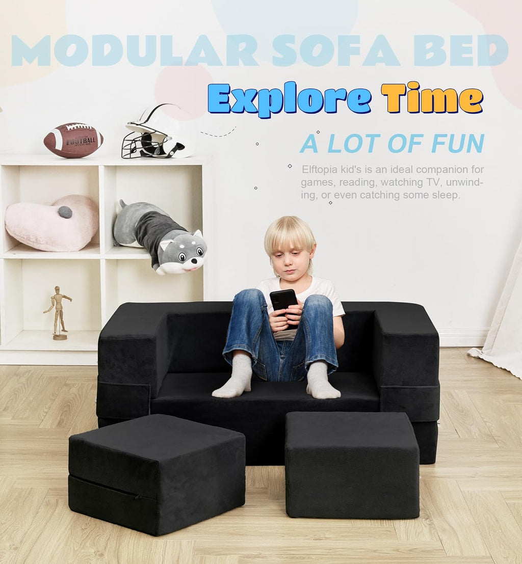 Elftopia Modular Kids Sofa,Toddler Couch Foam Armchair for Kids, Children Convertible Plush Sofa Play Set,Fold Out SofaBed(Black)