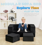 Elftopia Modular Kids Sofa,Toddler Couch Foam Armchair for Kids, Children Convertible Plush Sofa Play Set,Fold Out SofaBed(Black)