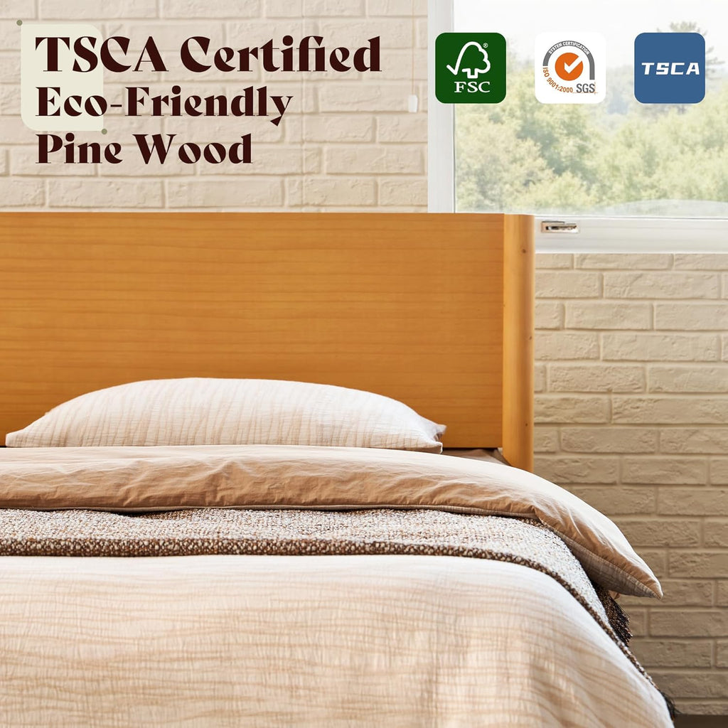 AMERLIFE Solid Wood Queen Bed Frame, Mid Century Modern Platform Bed with Full Panel Headboard, Wooden Bed with Cylindrical Legs, No Box Spring Needed & Noise-Free, Natural Wood