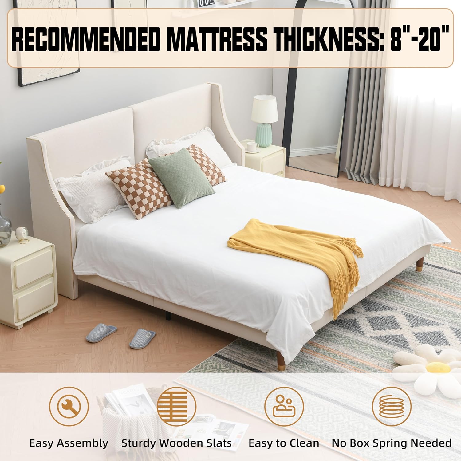 King Size Upholstered Platform Bed Frame with Wingback Headboard, Linen Fabric & Wooden Slats Support, Modern Golden PVC Material Edge for Bedroom,No Box Spring Needed, Easy to Assemble, Beige