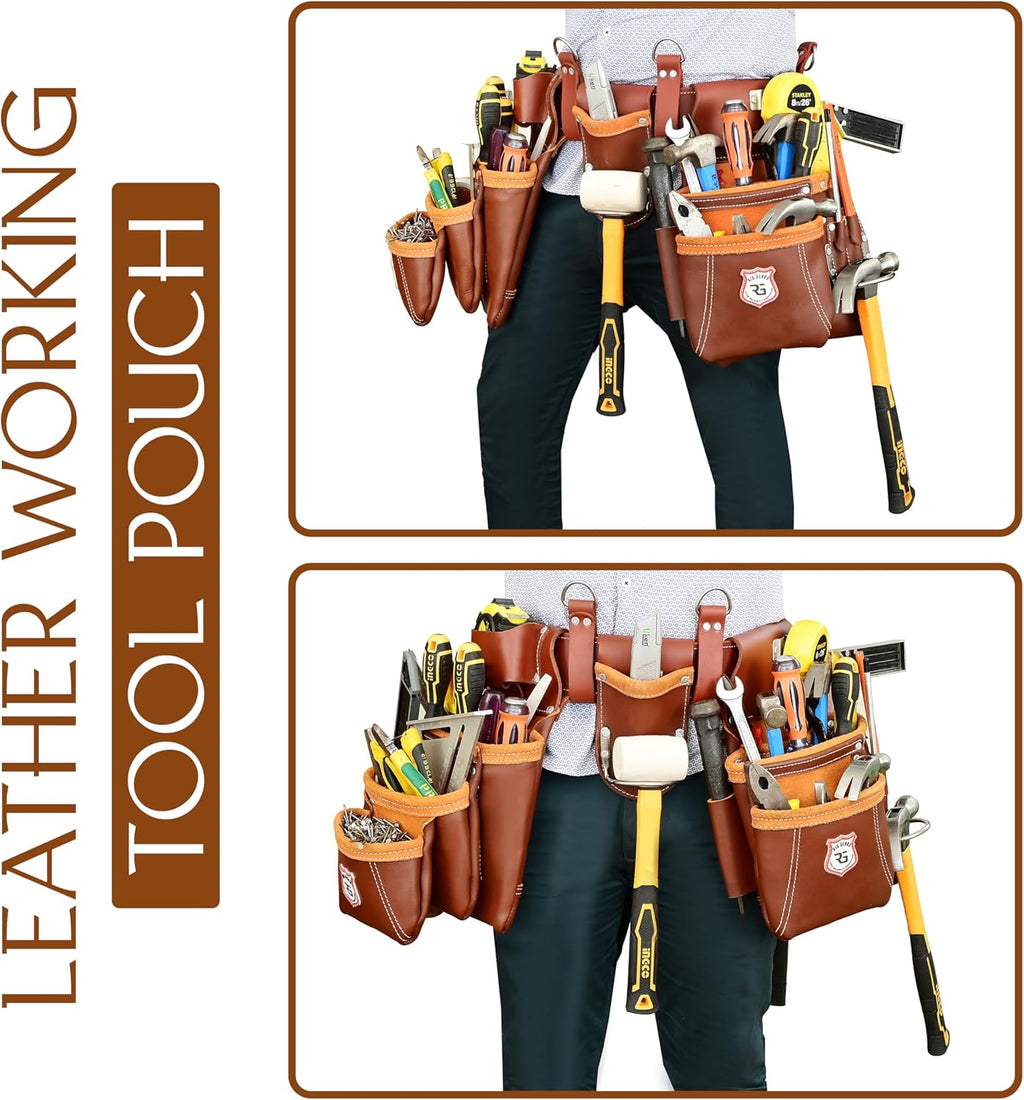 Heavy Duty 17 Pocket Carpenter Leather Tool Belt Set | Combo Multipurpose Framing Tool Belt Work Organizer Bags | Tool Belts For Men Construction Tools Rigs (Maroon, Standard)