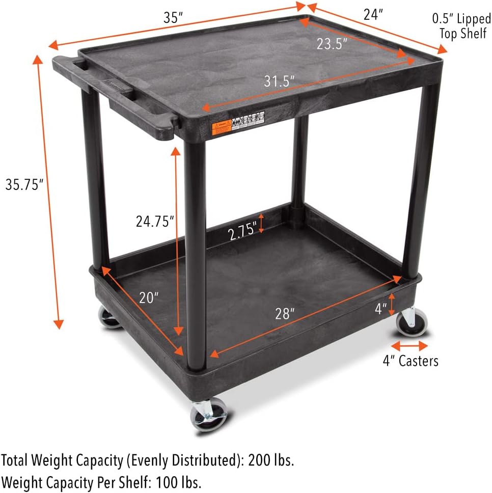 Stand Steady Tubstr Large 2-Shelf Utility Cart: Heavy Duty Hybrid Tub & Flat Shelf - Supports Up to 200 lbs, Rolling Storage & Tool Cart for School, Office, Warehouse (32 x 24in)
