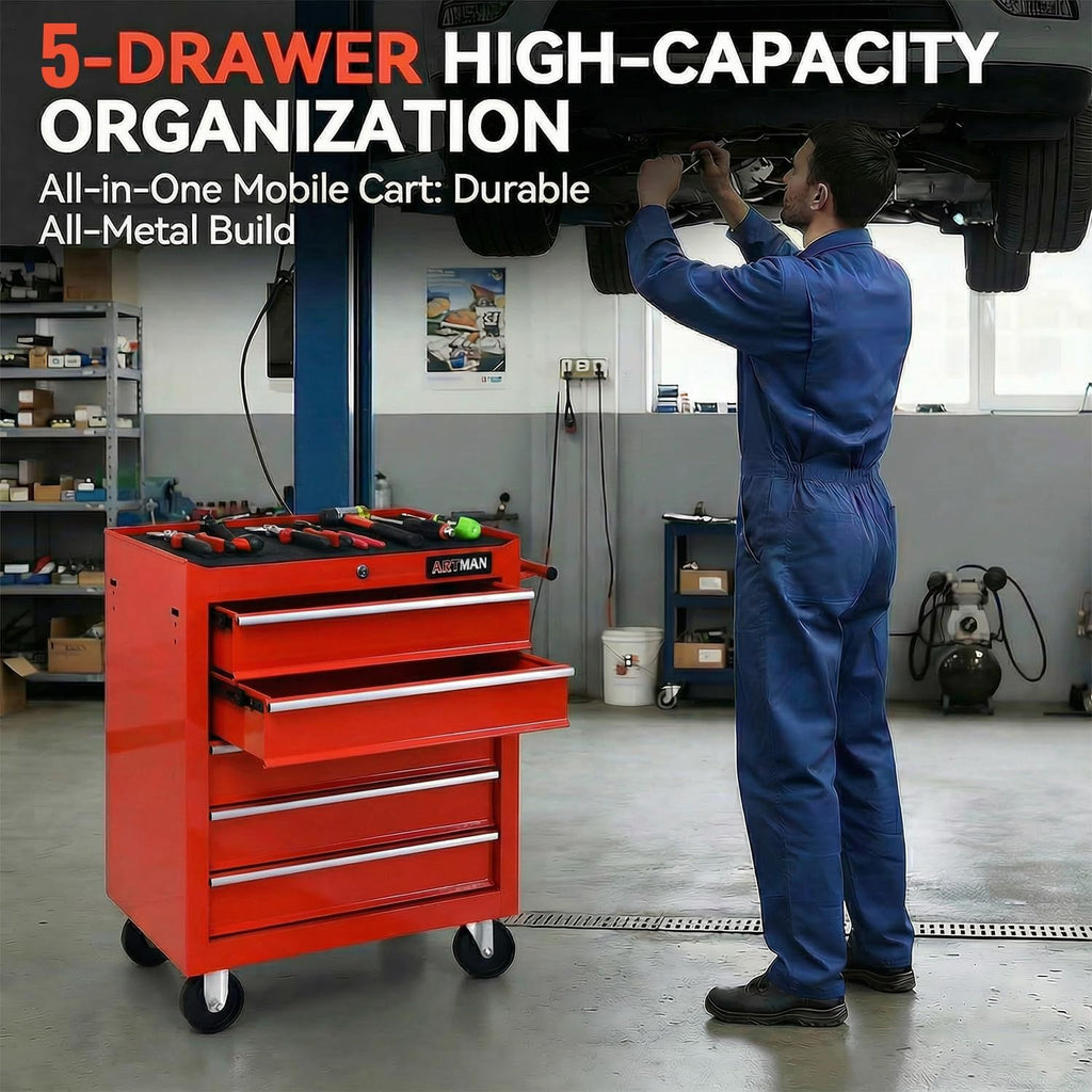 5 Drawers Tool Cart on Wheels, Rolling Tool Chest Tool Storage, Drawers Rolling Tool Trolley Organizer Tool Case for Garage,Warehouse,Workshop,Repair Shop (5 Drawers-Red)