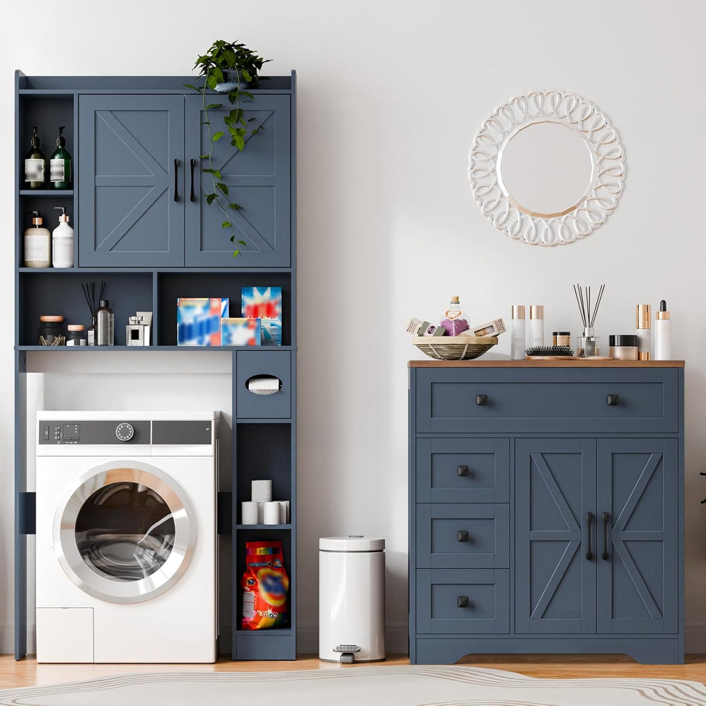 Vabches Farmhouse Storage Cabinet with 2 Doors and 4 Drawers, Freestanding Bathroom Storage Cabinet Kitchen Pantry, Floor Hutch Cupboard for Living Room/Bathroom/Kitchen,Blue