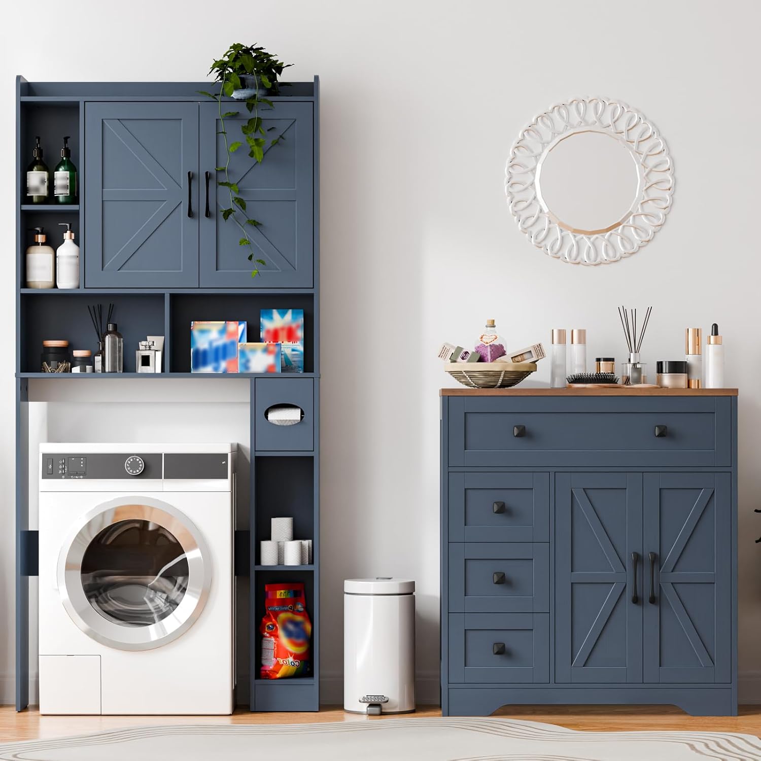 Vabches Farmhouse Storage Cabinet with 2 Doors and 4 Drawers, Freestanding Bathroom Storage Cabinet Kitchen Pantry, Floor Hutch Cupboard for Living Room/Bathroom/Kitchen,Blue