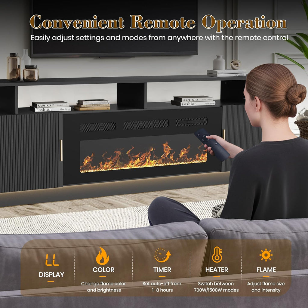 70” Fluted TV Stand with 36” Electric Fireplace, 2 Tier TV Console Cabinet with Storage Cabinet, LED Lights, Power Outlet, Modern Wood Entertainment Stand Fits TVs up to 80" for Living Room (Black)