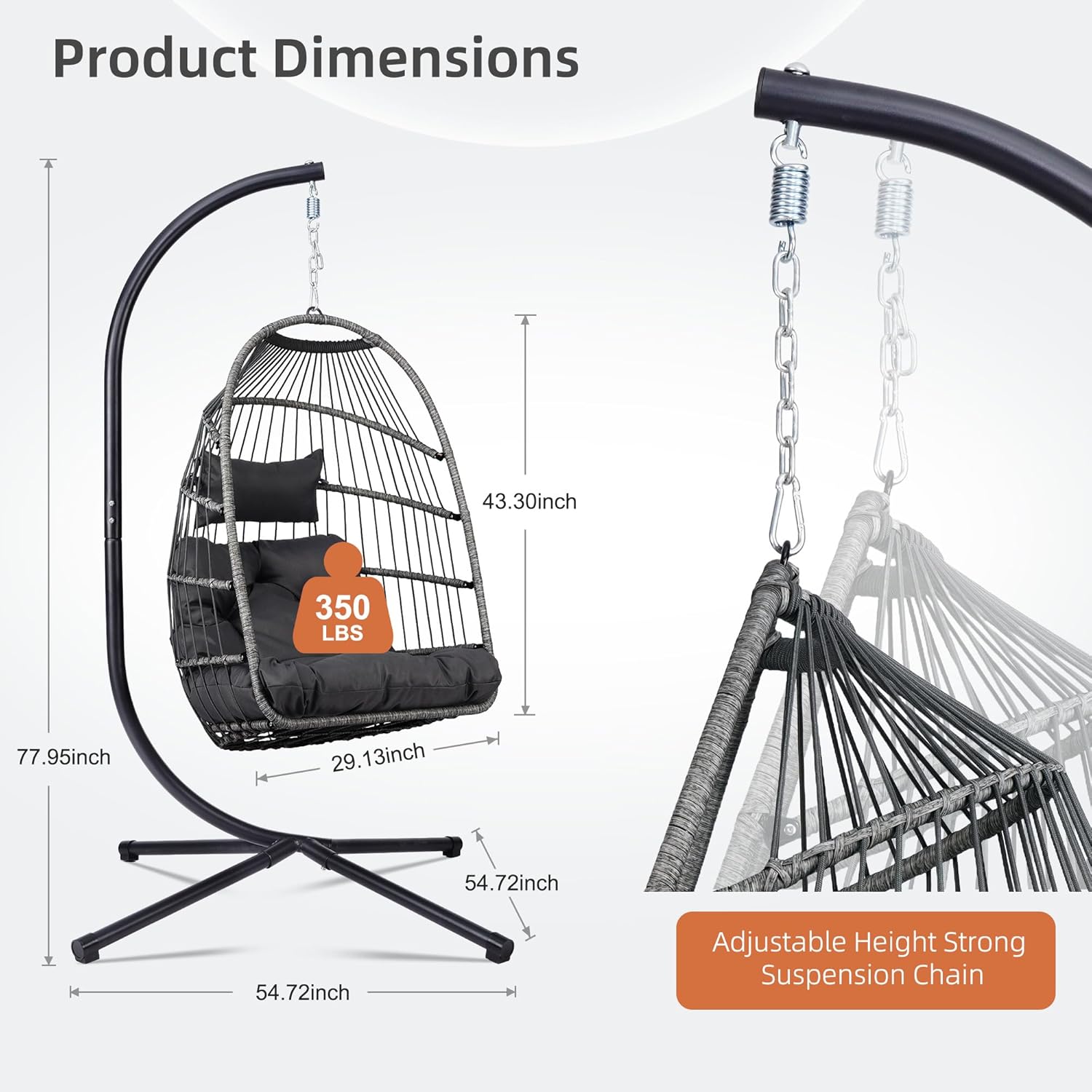 Hanging Egg Chair with Stand, Foldable Oversized Swing Chair, All-Weather Core-Spun Rope, Premium Fabric, Thick Breathable Water-Resistant Cushion, 350LBS Indoor Outdoor (Dark Grey)