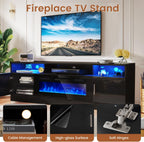 MXV 70" Fireplace TV Stand with Power Outlet for TVs UP to 80", Electric Fireplace Entertainment Center with LED Lights & Storage Cabinets, TV Console for Living Room, Office, Black-Black