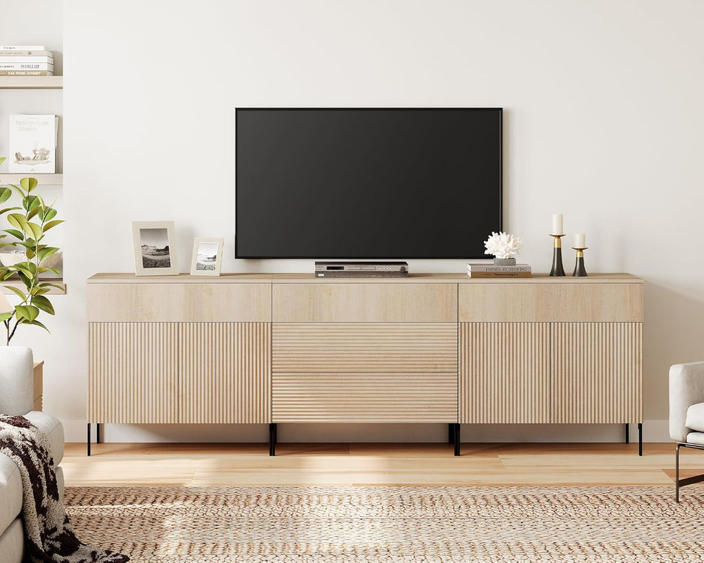 WAMPAT Fluted TV Stand for TVs up to 100 inchs, 3 in 1 Modern Entertainment Center with Storage Cabinets and 5 Drawers & 4 Doors, Wood Media TV Console Table with Storage for Living Room, Beige