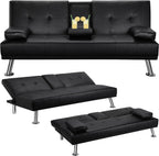 Yaheetech Convertible Sofa Bed Adjustable Couch Sleeper Modern Faux Leather Home Recliner Reversible Loveseat Folding Daybed Guest Bed, Removable Armrests, Cup Holders, 3 Angles, 772lb Capacity, Black