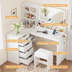YESHOMY Vanity Desk with Lights and Mirror, L Shaped Makeup Table, Dresser with Hairdryer Holder and Power Outlet, Adjustable 3 Lighting Modes, 5 Drawers and Adjustabled Open Storage Shelves, White