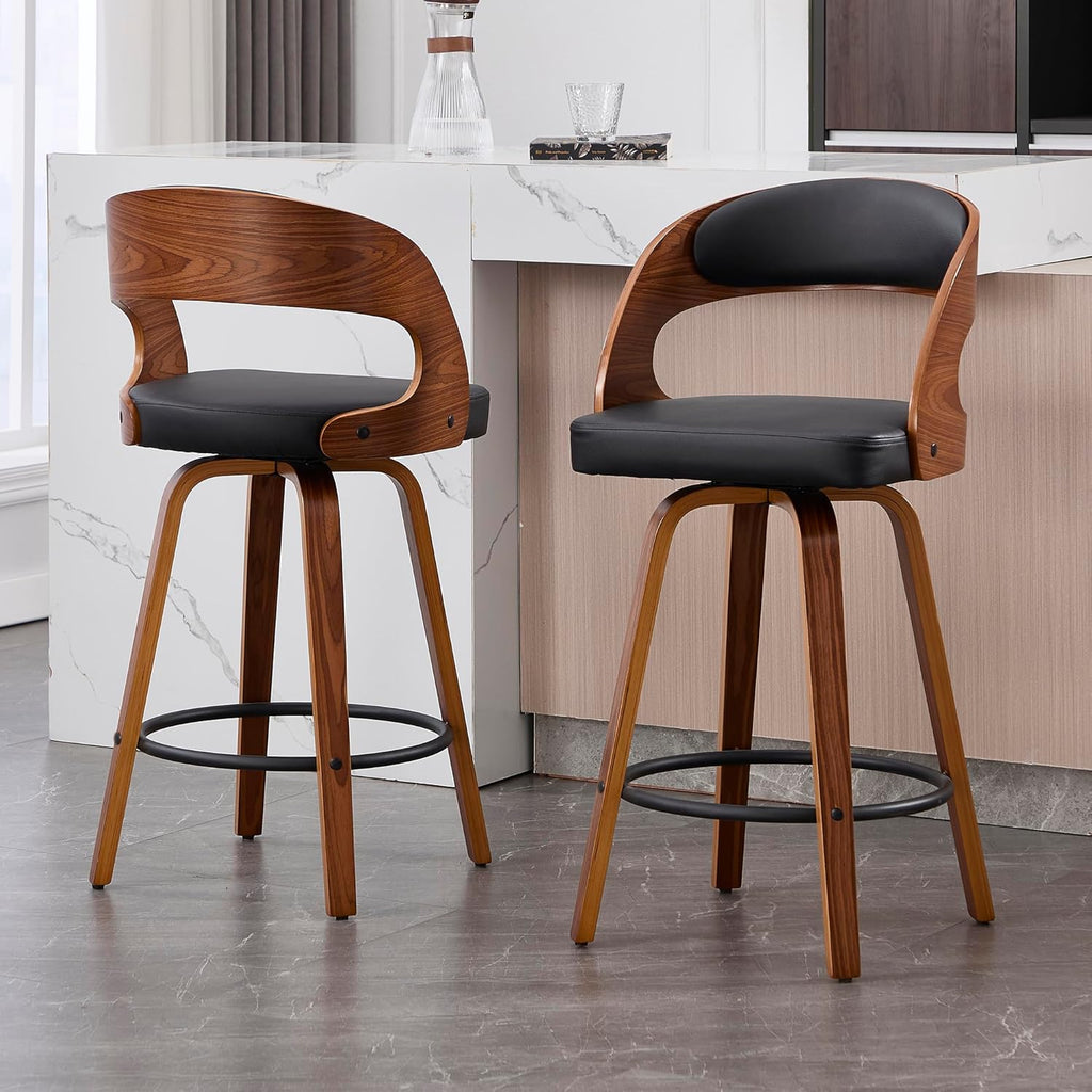 Swivel Bar Stools Set of 2, Walnut Counter Height Bar Stools with Back and Arms, 26" Modern Faux Leather Upholstered Bar Chairs with Bentwood Frame for Kitchen Island Bar - Black