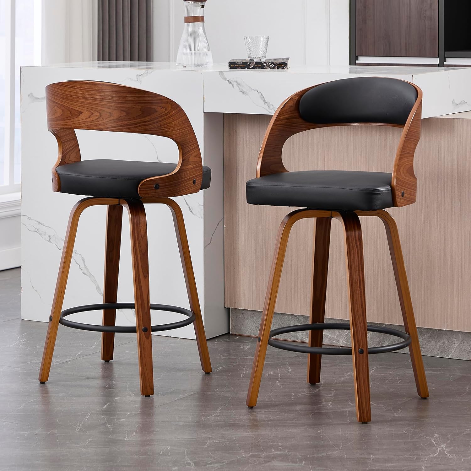 Swivel Bar Stools Set of 2, Walnut Counter Height Bar Stools with Back and Arms, 26" Modern Faux Leather Upholstered Bar Chairs with Bentwood Frame for Kitchen Island Bar - Black