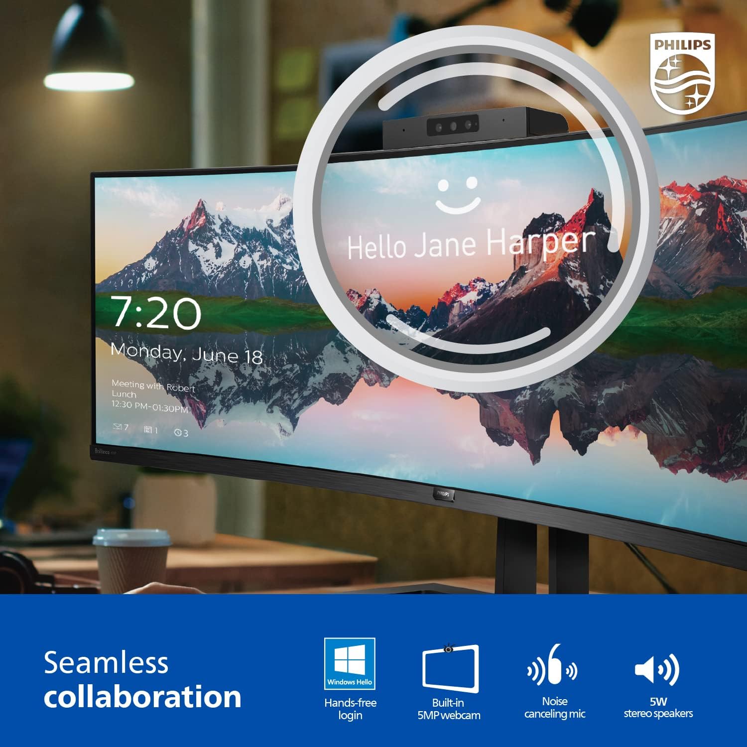 Philips 34E1C5600HE 34" UltraWide QHD 21:9 Monitor with Built-in Windows Hello Webcam & Noise Canceling Mic  USB-C Docking  Stereo Speakers  100Hz  4-Year Advance Replacement Black