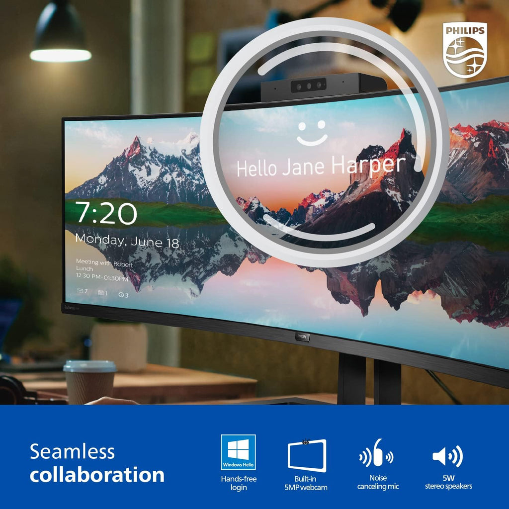 Philips 34E1C5600HE 34" UltraWide QHD 21:9 Monitor with Built-in Windows Hello Webcam & Noise Canceling Mic  USB-C Docking  Stereo Speakers  100Hz  4-Year Advance Replacement Black