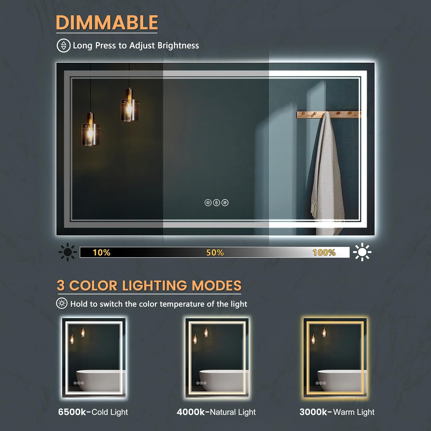 New LED Bathroom Mirror 72x36 Inch with Front and Backlit, CRI 90+, 3 Colors & Stepless Dimmable Lighted Bathroom Mirror, Anti-Fog, Memory, Top-Grade Tempered Glass, Rotatable