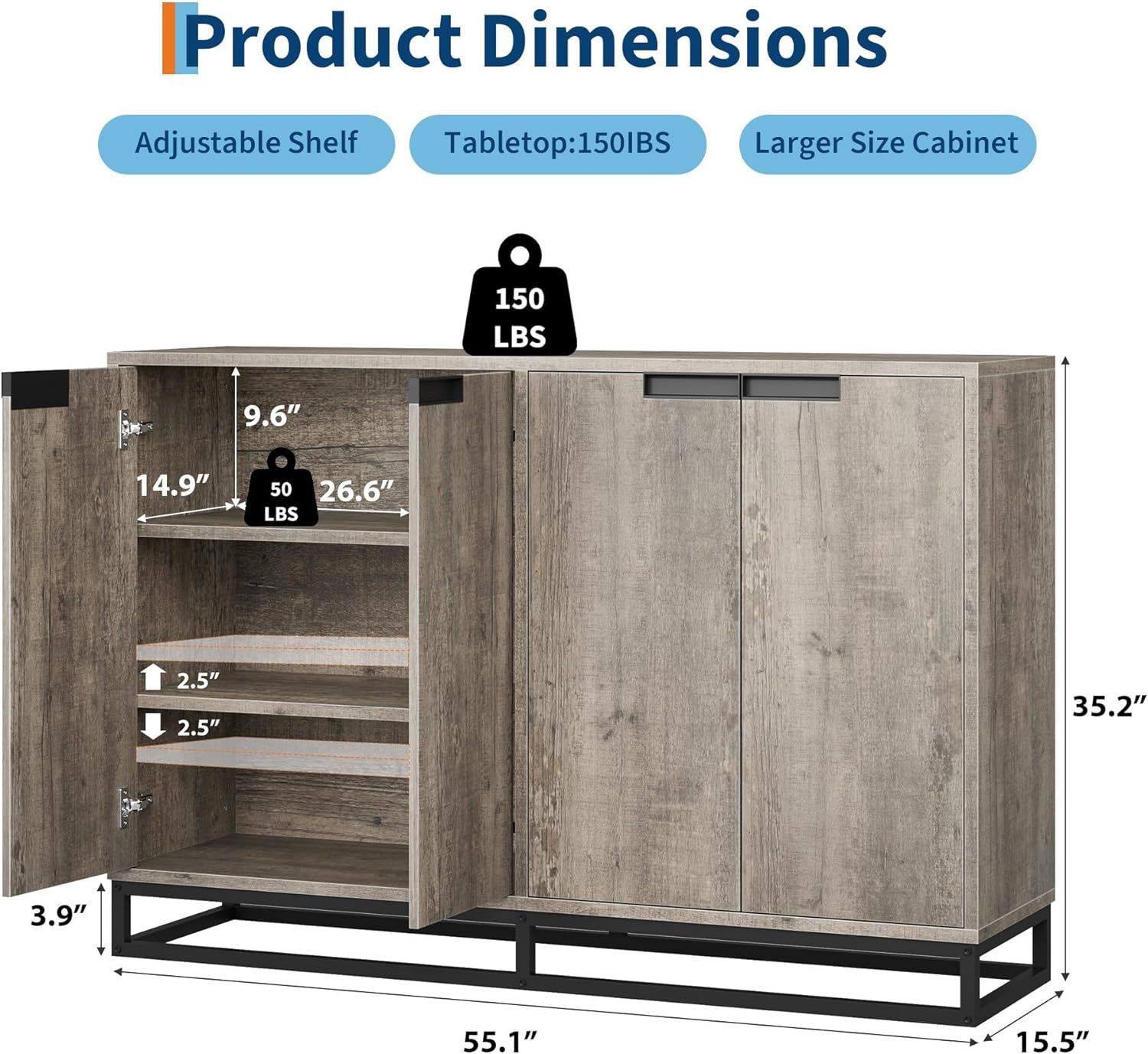 GAOMON 55" Buffet Cabinet, Large Sideboard Buffet Cabinet with Storage, Storage Cabinet with 4 Doors & Adjustable Shelves, Wood Coffee Bar for Living Room, Dining Room, Kitchen, Grey