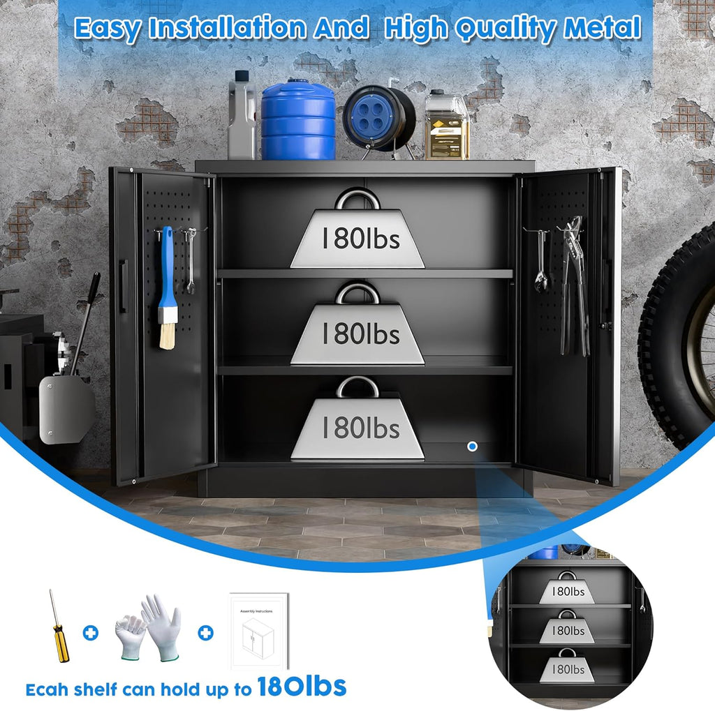 Metal Storage Cabinet with 2 Lockable Doors and 2 Adjustable Shelves, Locking Garage Storage Cabinet with Pegboard, Small Metal Cabinet with Lock for Garage, Home, Black, Assembly Required