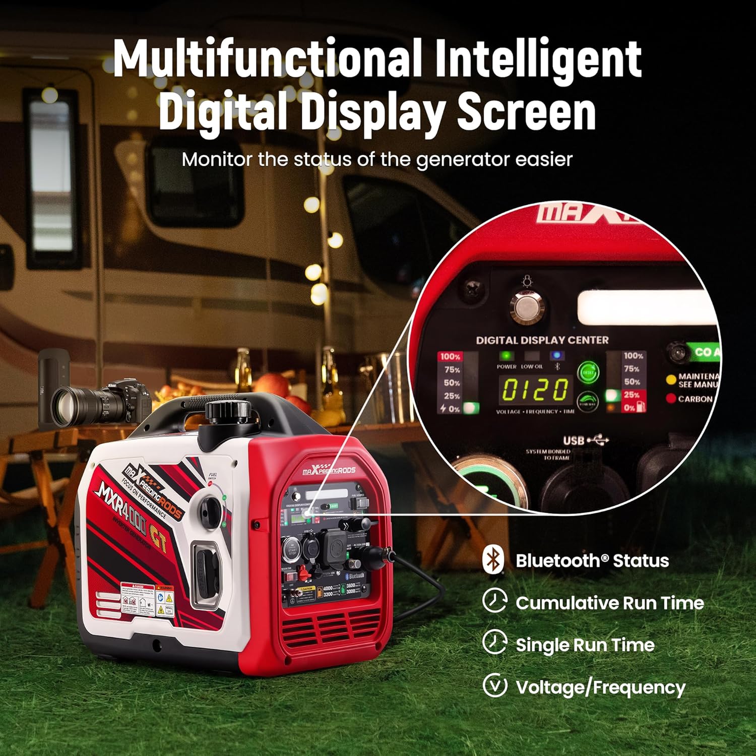 maXpeedingrods 4000 Watt Dual Fuel Inverter Generator with Bluetooth® Control Start and Display  RV Ready  Electric Start  Quiet for Outdoor Camping  Home Backup  Garden .PGMA Compliant