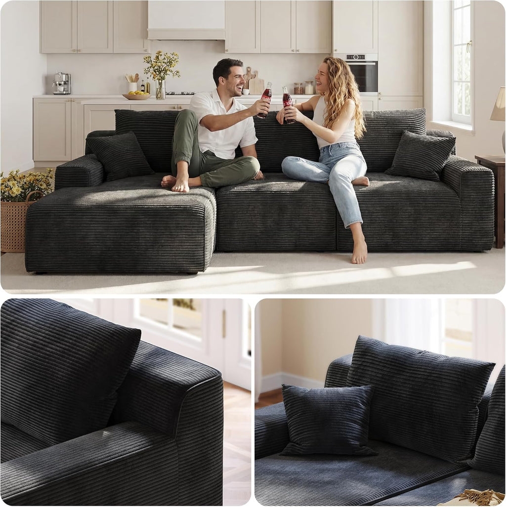 97" L-Shaped Cloud Boneless Couch with Deep Seat, Modular Sectional Sofa with Chaise, Flexible Module Combination for Living Room, Bedroom, No Assembly (Black, Left Facing Chaise)