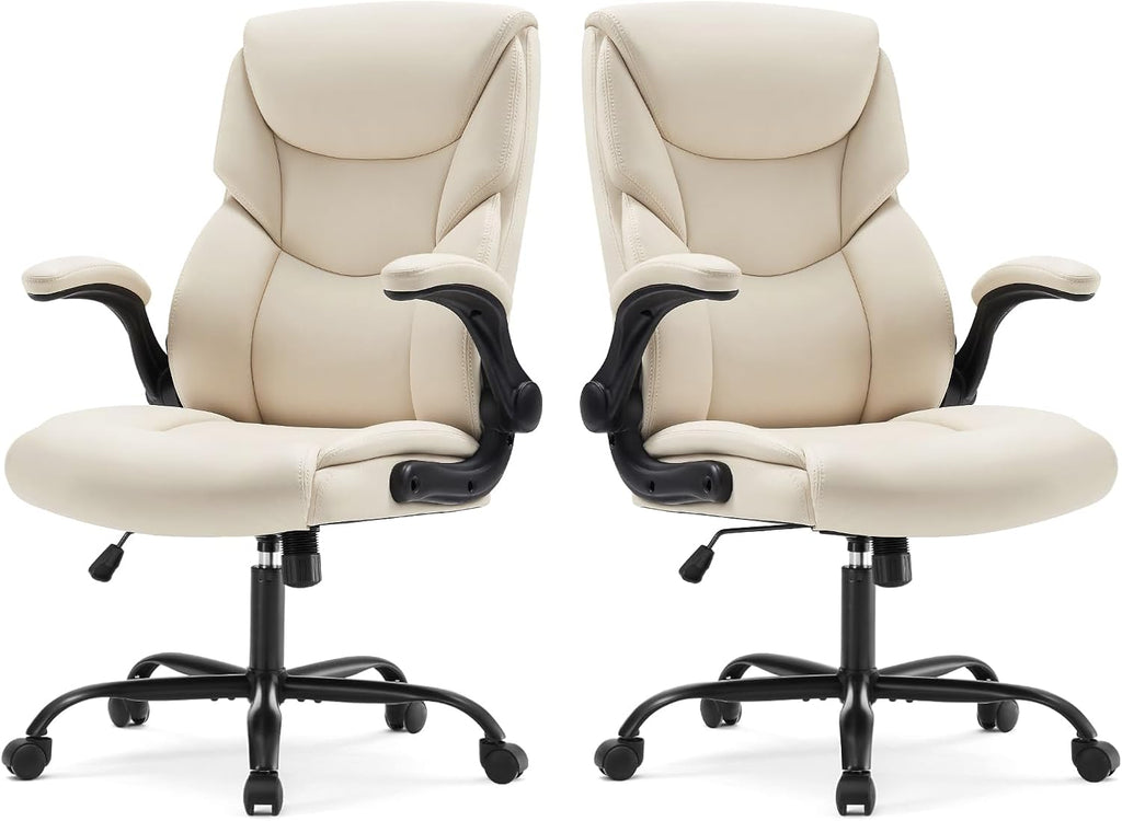 Sweetcrispy Ergonomic Computer Gaming Office Chair Set of 2, Heavy Duty Task Desk Swivel Rolling Chairs with Wheels, Flip-up Arms, Adjustable Height, PU Leather,Cream White