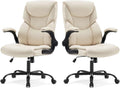 Sweetcrispy Ergonomic Computer Gaming Office Chair Set of 2, Heavy Duty Task Desk Swivel Rolling Chairs with Wheels, Flip-up Arms, Adjustable Height, PU Leather,Cream White