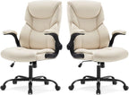 Sweetcrispy Ergonomic Computer Gaming Office Chair Set of 2, Heavy Duty Task Desk Swivel Rolling Chairs with Wheels, Flip-up Arms, Adjustable Height, PU Leather,Cream White