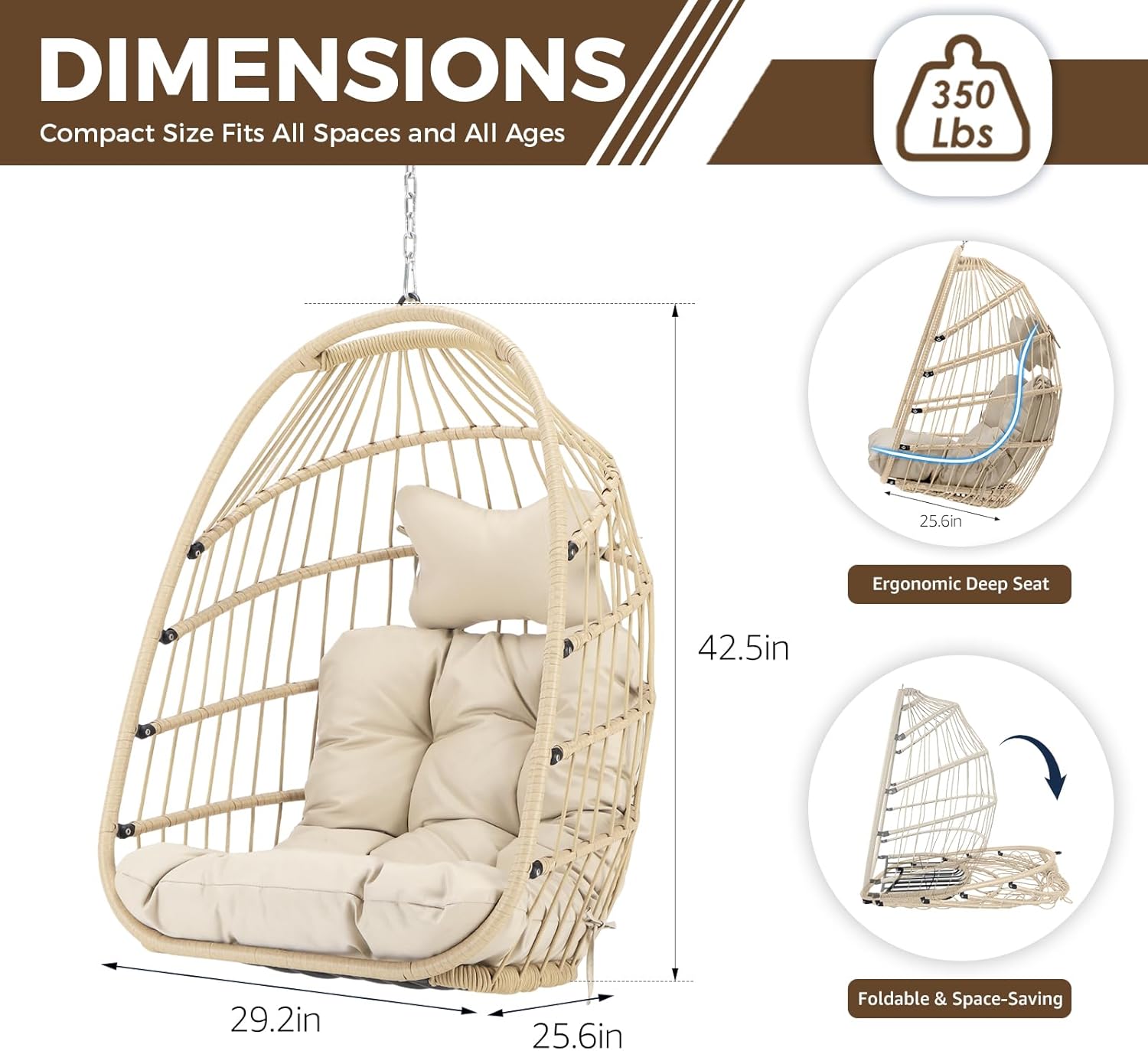 Nicesoul Outdoor Hanging Egg Chair Without Stand, Patio Wicker Swing Egg Basket Chairs with Padded Cushion, 350 Lbs Comfy Cozy Ceiling Tree Swinging Egg-Shaped Chair No Stand for Indoor Balcony, Beige