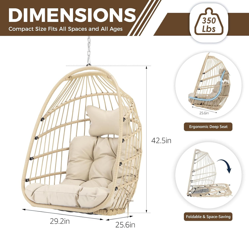 NICESOUL Egg Chair Without Stand Indoor Outdoor, Comfy Patio Wicker Hanging Chair with Cushion, 350lbs Swing Hammock Egg Basket Chairs, All Weather Ceiling/Tree Chairs for Balcony, Beige No Stand