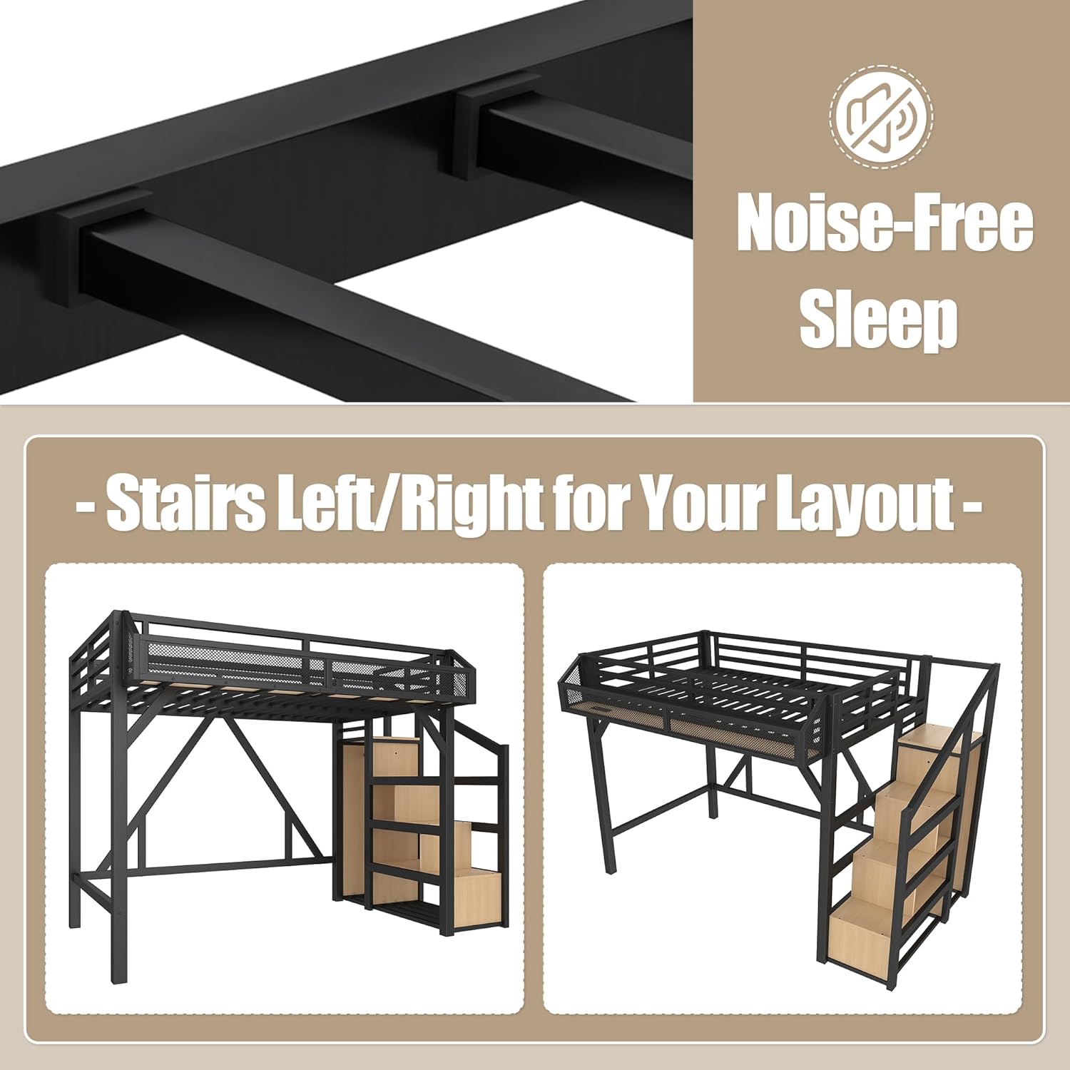 Bellemave Queen Loft Bed Frame with Storage Stairs, Beside Shelf & Wardrobe, Metal Queen Size Loft Bed with USB Ports&LED Light, Large Under-Bed Space Loft Beds for Adults,Teens, Kids, Black Natural