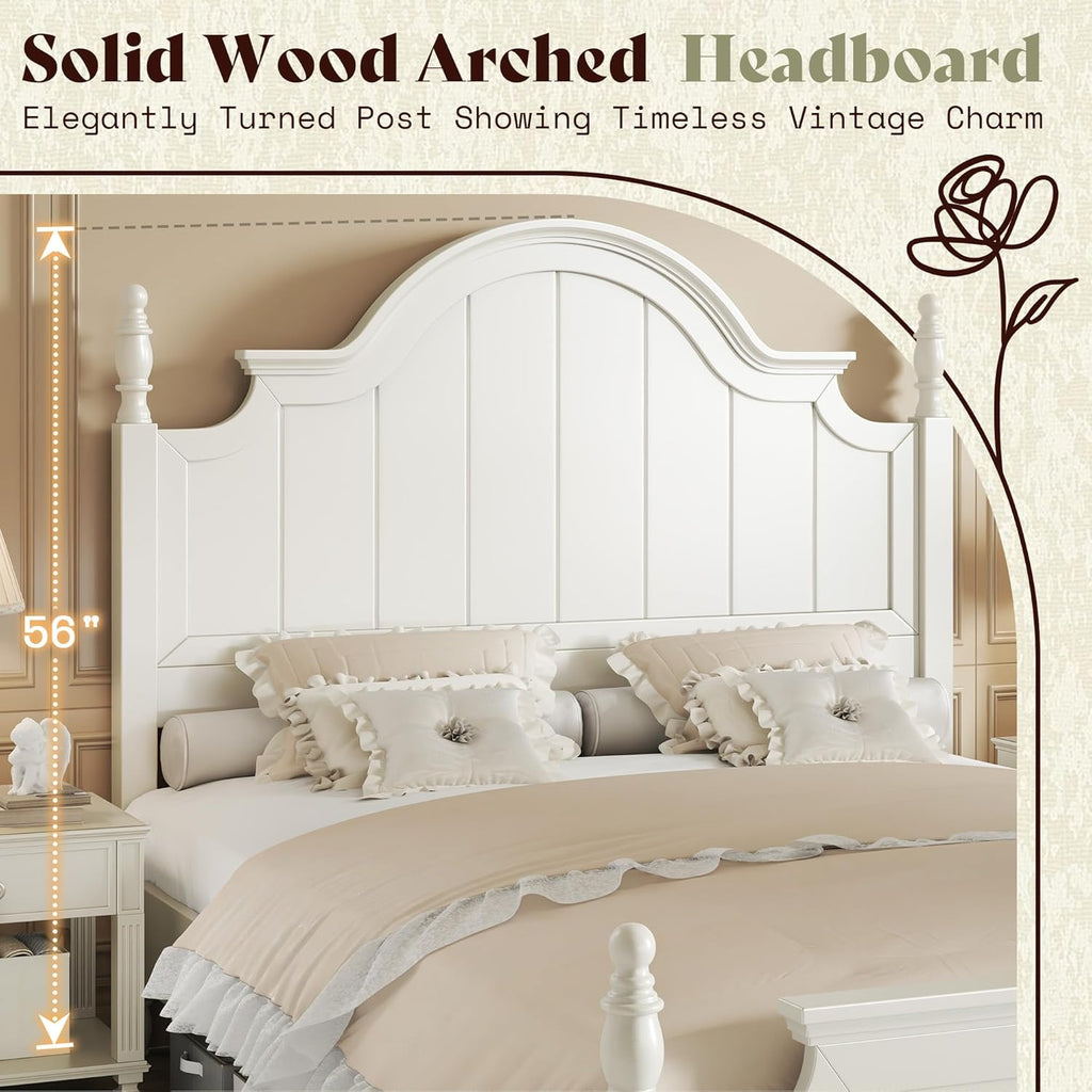 AMERLIFE Solid Wood Queen Bed Frame with 56" Arched Headboard, Traditional Poster Bed with Wooden Slats Support, No Box Spring Needed, Easy Assembly, White