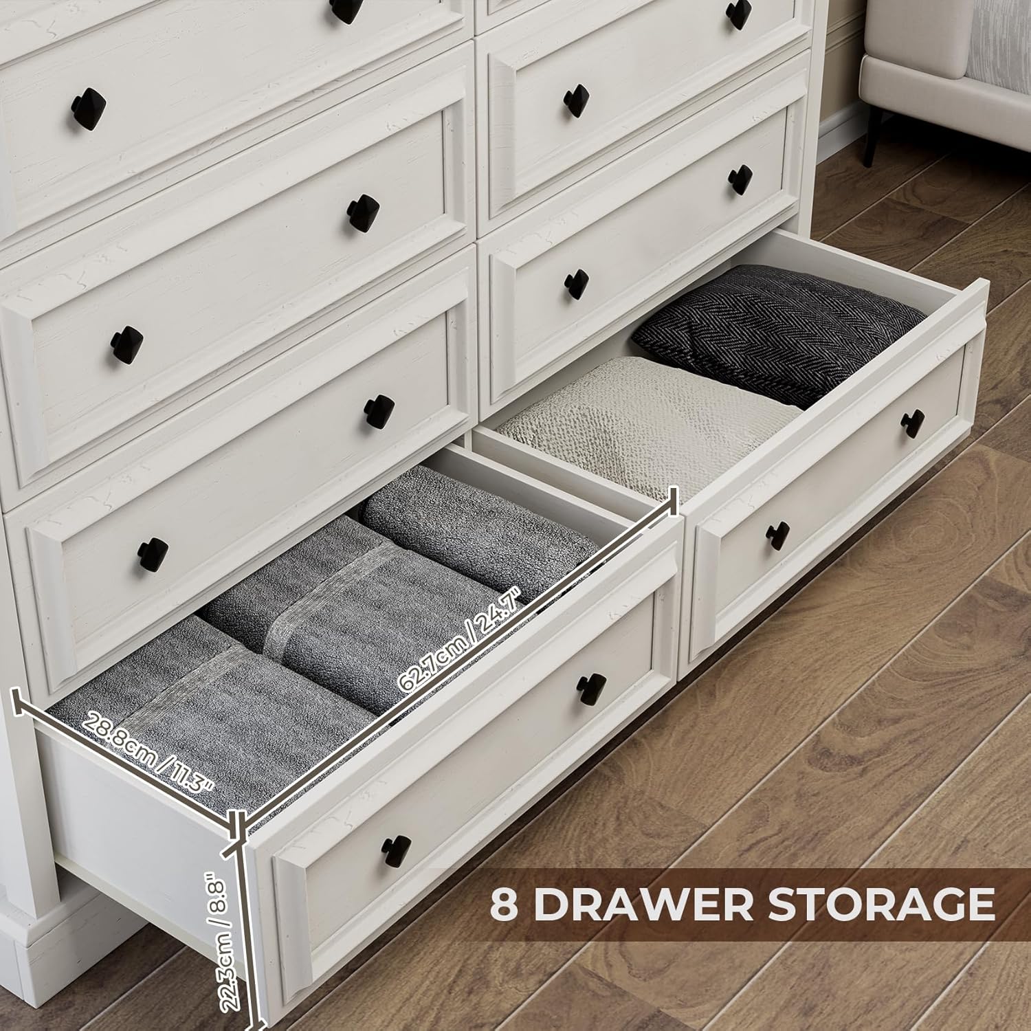 Farmhouse 8 Drawer Dresser for Bedroom, 54" Wide Wood Dresser with Natural Texture, Vintage Metal Double Hand Knobs, Rustic Chest of Drawers for Bedroom, Living Room, Hallway, Antique White