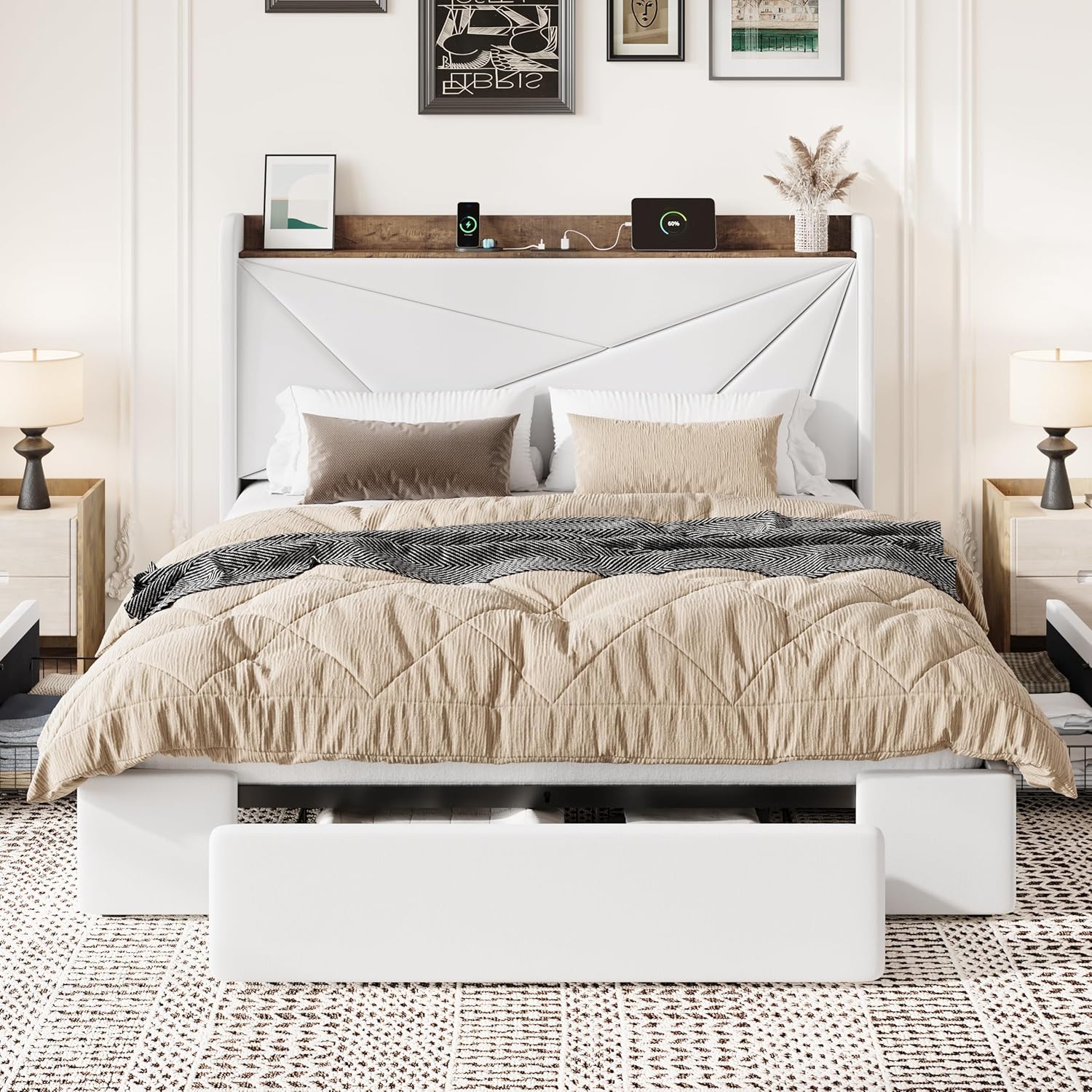 SHA CERLIN Full Size Bed Frame with 3 Drawers, USB & Type-C Charging Ports, Velvet Upholstered Platform Bed with Modern Geometric Wingback Storage Headboard, No Box Spring Needed, Easy Assembly, White