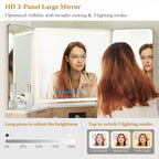 T4TREAM 48" Fluted Makeup Vanity Desk with HD Triple Mirror and Lights, Large Lighted Corner Vanity with Glass Top, Modern Dressing Table with 3 Drawers & 2 Cabinets for Bedroom, Natural Oak